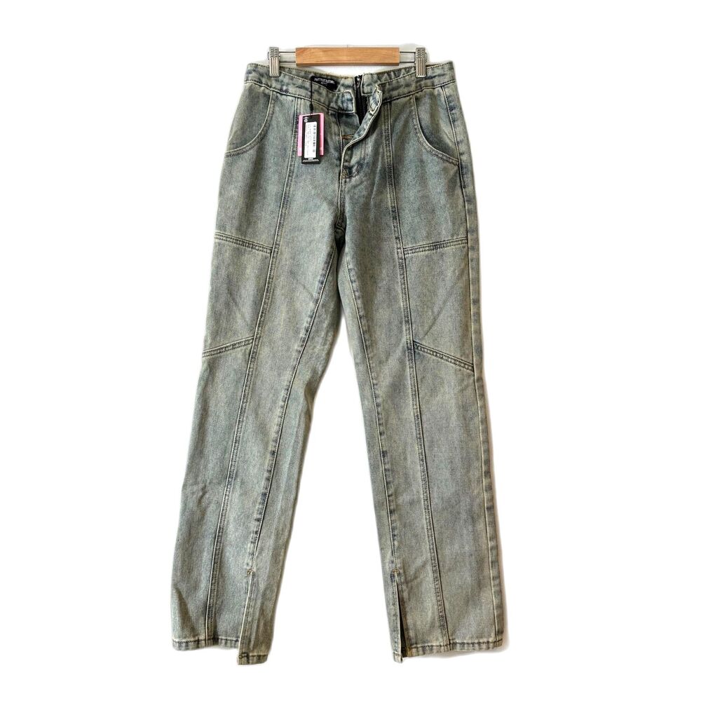 PLT Pretty Little Thing Jeans Foldover Waist Front Seams Size 0 Vintage Wash NEW - Picture 2 of 9